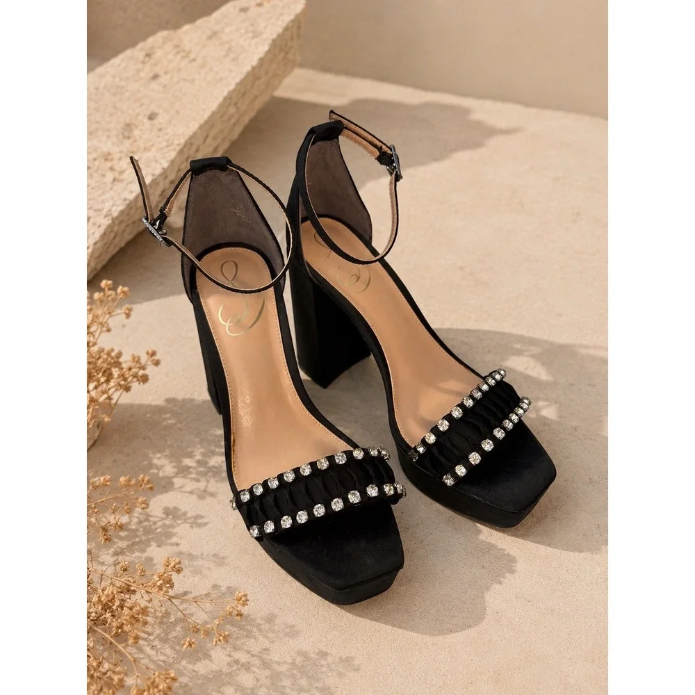Sam Edelman Ninette Black Satin Rhinestone Platform Block Heel Sandals 7M